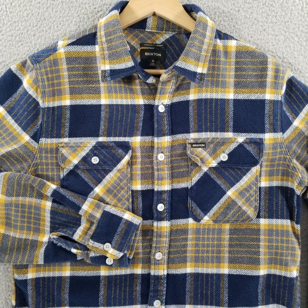 Brixton Shirt Mens Small Navy Yellow Bowery Flannel Plaid Button Up Long Sleeve